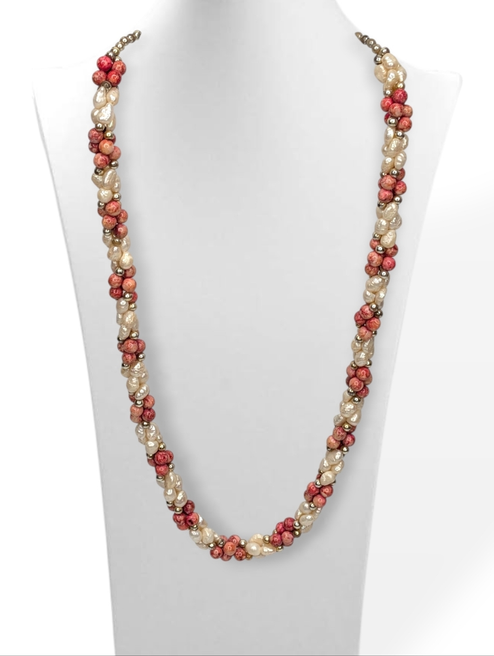 Coral Pearl Beaded Necklace Twisted Strandโ Freshwater Long Statement Necklace